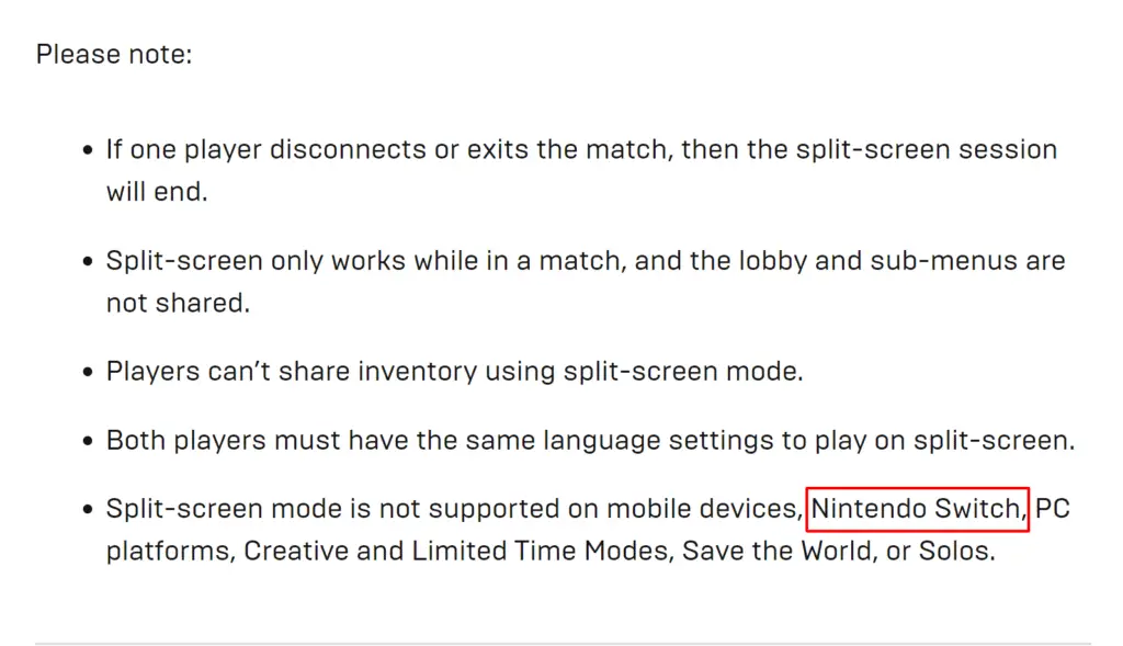 Split-screen is not supported on Fortnite Nintendo Switch