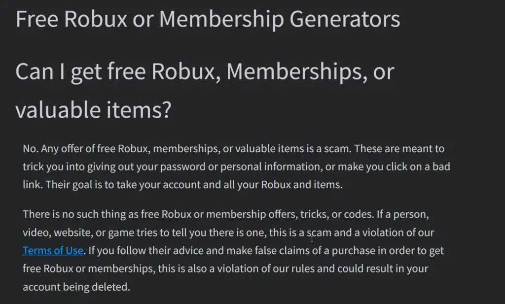 Roblox official alert about Roblox Gift Card generators